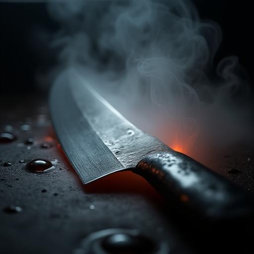 Ett knivblad som sänks ner i olja för härdning, ånga stiger upp.